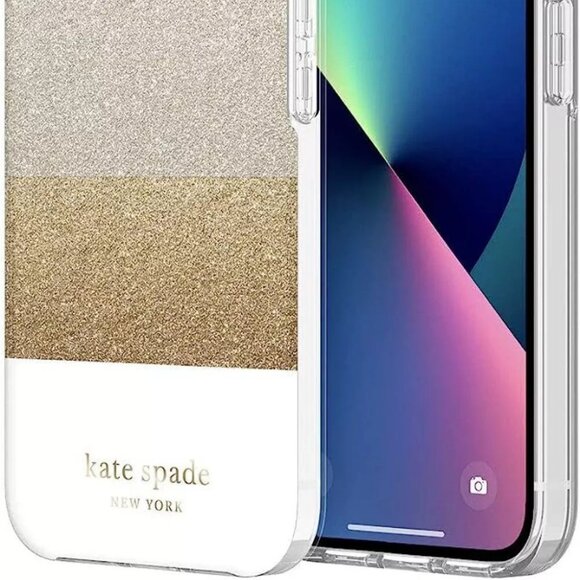 New no Box Kate Spade iPhone 13 Case Gold Silver Glitter Three Scraches - Picture 2 of 3